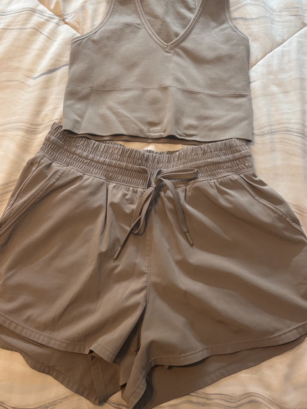 Everyday Elastic-Waist Athletic Shorts in Taupe